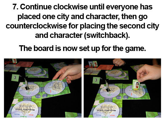 7. Continue clockwise until everyone has placed one city and character, then go counterclockwise for placing the second city and character (switchback). The board is now set up for the game.